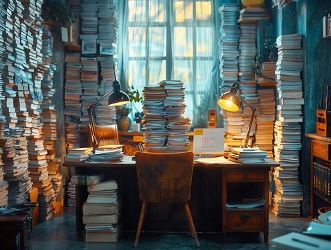 Bureau surmonté d'une montagne de papier du sol au plafond, stop au tout papier pour aller vers la dématérialisation des documents, progrès numérique et démarche zéro papier en entreprise