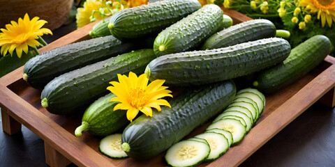 Cucumbers on a wooden tray decorated with yellow flowers.