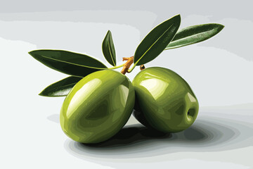 Olive branch with two green olives, isolated on white background - obrazy, fototapety, plakaty