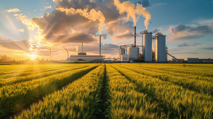sulfer smoke cloud of pollution from coal power plant air environmental destruction. panorama view on agro silos granary elevator on agro-processing manufacturing plant for processing drying cleaning.
