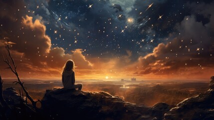 The silhouette of a man sitting on top of a mountain, looking at the starry sky. A dreamer.