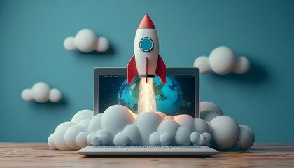 Innovative Launch: Rocket Emerges from Laptop Screen, power of innovation with an image showing a rocket emerging from a laptop screen, AI