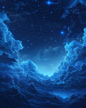 Starry night sky with glowing cloud formations - A tranquil image featuring a night sky full of stars beyond majestic glowing clouds, representing the vastness of the universe