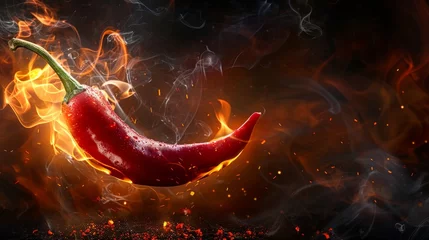 Deurstickers Red hot chili pepper on black background with flame © Nataliya
