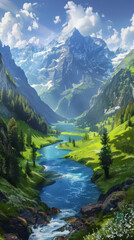 Fototapeta na wymiar Lush Green Landscape with River and Peaks - A photorealistic landscape of a vibrant green valley, winding river and majestic snowy peaks under a clear blue sky