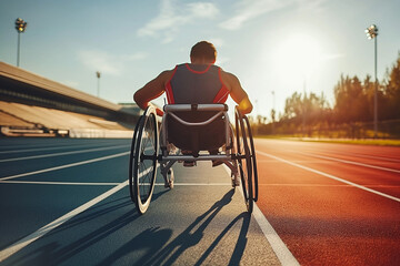 Wheelchair Racer on Athletic Track at Sunset