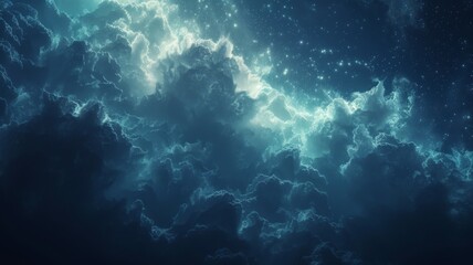 Majestic cloudscape with glittering stars - An ethereal cloudscape with sparkling stars peeking through the dense cloud formations in a celestial dance - obrazy, fototapety, plakaty