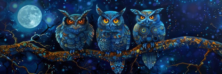 Owls perched on a branch under a full moon - A fantastical gathering of majestic owls perched under an enchanting full moon, creating a spellbinding and eerie atmosphere