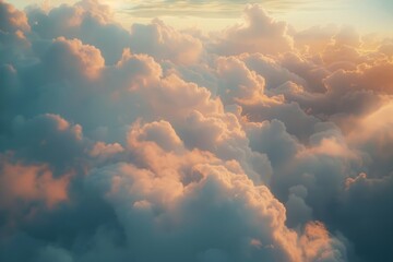 Aerial view of a cloudscape illuminated by sunlight - obrazy, fototapety, plakaty