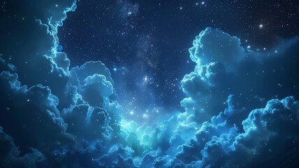 Starry cloudscape with a celestial feel - A digital art sky scene with vibrant blue clouds reminiscent of a nebula in space, creating a sense of wonder - obrazy, fototapety, plakaty