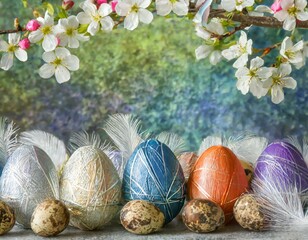 Wielkanocne tło z kolorowymi pisankami, piórami i kwiatami