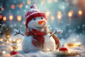 Christmas snowman on a white snow with a red scarf and hat sitting, bokeh panorama, cute and colorful, defocused blue background, Christmas balls and lights with fir branches.
