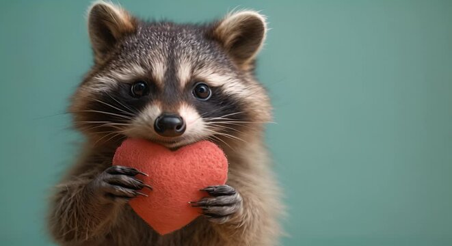 Adorable racoon holding heart on pastel green background. Valentine background Pretty grey mammal hugging pink red heart Wildlife animal, love concept Happy Valentine's Day 4k video