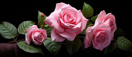 Three vibrant pink roses are displayed against a stark black background, accentuated by lush green leaves. The roses stand out in their elegant beauty,
