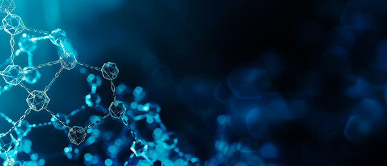 A blue background with a complex molecular structure