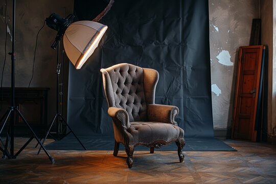 Professional photography studio setup with lighting equipment and a chair