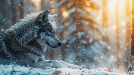 Grey wolf's gaze in forest setting evokes wild instinct and natural habitat's mystery