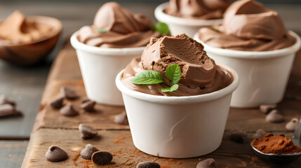 Homemade chocolate ice cream from sour cream and condensed milk in white cups