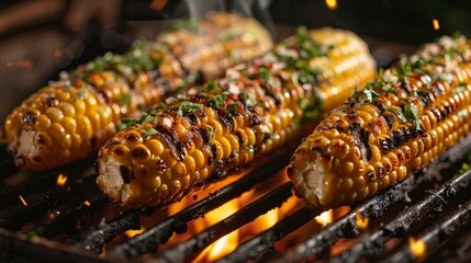 Grilled corns on the grille, ready to serve. - obrazy, fototapety, plakaty