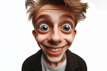 Funny face of a boy with bulging eyes and a wide smile shot at a wide angle on a white background. ai generative