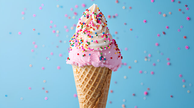 Ice cream in the cone with a sprinkle isolated on a pink background