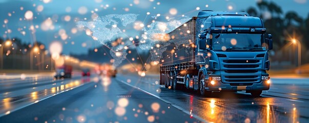 Advancements in international trade and shipping technology illustrated by a cargo truck on the highway. Concept International Trade, Shipping Technology, Cargo Truck, Highway, Advancements - obrazy, fototapety, plakaty