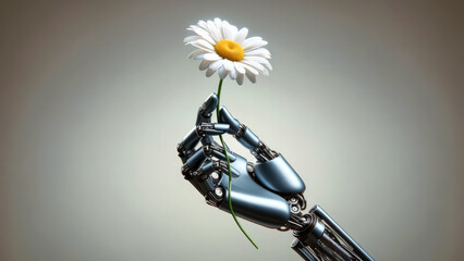 Robotic Hand Gently Holding a Vibrant Daisy Flower