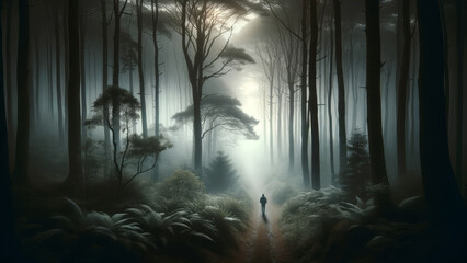 Solitary Figure Walking on a Misty Forest Path at Dusk - obrazy, fototapety, plakaty