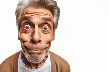 Funny face of a surprised senior man shot at a wide angle isolated on a white background. ai generative