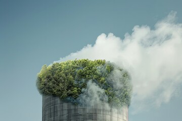 Cooling tower releasing steam with green leaves superimposed, symbolizing eco-friendly energy