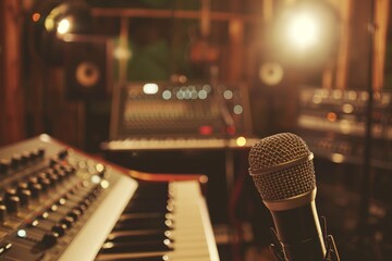 Professional microphone in a recording studio with ambient lighting and equipment in the background - obrazy, fototapety, plakaty