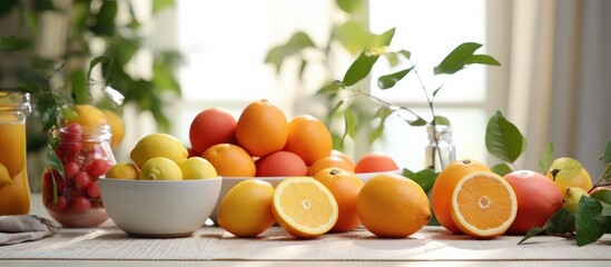A variety of different types of fresh fruits, including citrus fruits, are neatly arranged on a white kitchen table. The fruits are colorful and vibrant, showcasing a healthy and appetizing display. - obrazy, fototapety, plakaty
