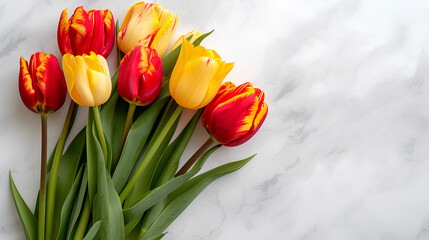 Mother's Day background, tulip flower bunch - Beautiful Red, and yellow bouquet isolated on white table, empty copy space