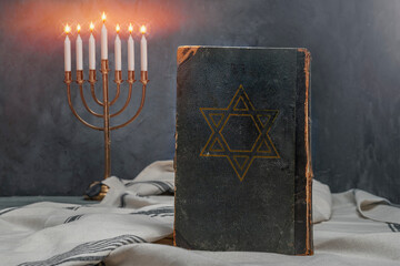 Old book Talmud, Hebrew Rabbinic Judaism, Jewish religious law. Torah, Hebrew Bible. Menorah, Star...