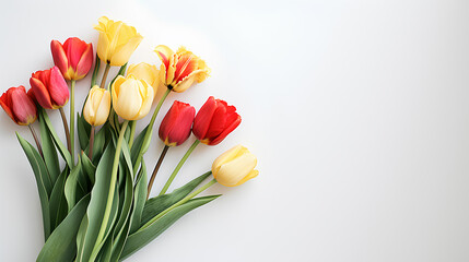 Mother's Day background, tulip flower bunch - Beautiful Red, and yellow bouquet isolated on white table, empty copy space