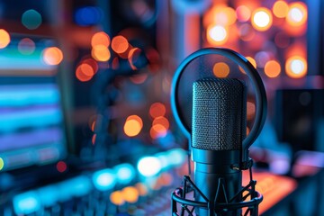 Professional microphone in a recording studio with ambient lighting and equipment in the background - obrazy, fototapety, plakaty