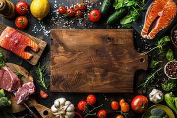 Assorted food raw products: vegetables, beef meat, fish salmon and empty wooden cutting board in...