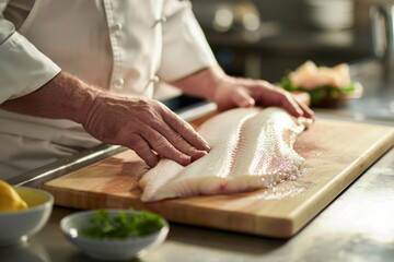 Obraz na płótnie Canvas Chef preparing a large fish fillet on a cutting board