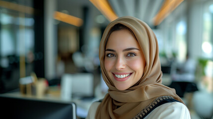 Smiling portrait of a businesswoman of arab descent wearing a hijab working on desk in a modern business office tower.