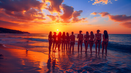 Group of teenage young people having fun in the sea at sunset on spring break