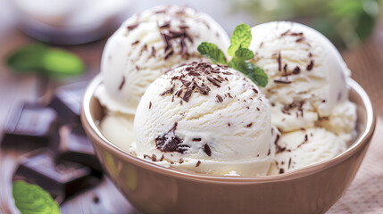 National Ice Cream Day, july 17, summertime holiday concept. Vanilla Ice Cream With Chocolate and Mint