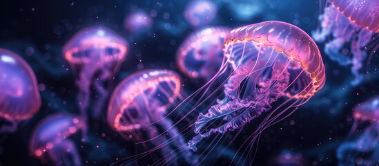 Glowing jellyfishes swim deep in dark blue ocean. Realistic Medusa neon jellyfish in sea. Black...