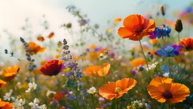 Wild flowers of clover,poppies,daisies in a meadow in nature in the rays of sunlight in summer in the spring close-up of a macro. A picturesque colorful artistic image with a soft focus . 4k video