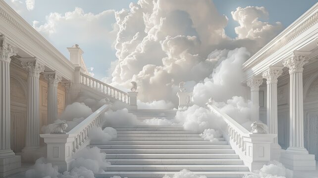 heaven in the clouds, a heavenly scene where soft, billowing clouds create a celestial backdrop, and a grand staircase made of white marble ascends majestically towards the heavens.