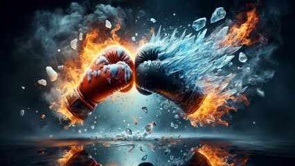 Collision of Elements Fire and Ice in Boxing Confrontation - obrazy, fototapety, plakaty