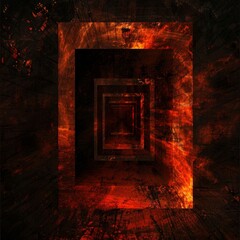 A labyrinth of shadows, its walls alive with fire, trapping souls within its dark embrace - obrazy, fototapety, plakaty