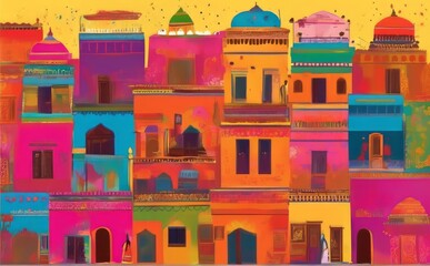 Celebration of the Holi festival in India with a colorful background and illustration to depict the essence of festivity.