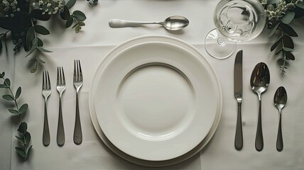 a beautifully set table adorned with plates, spoons, forks, and knives, the elegance and sophistication of the table setting, the anticipation of a delightful meal.