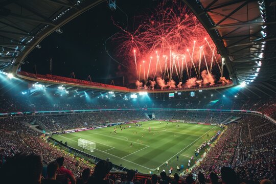 Fireworks display over a packed stadium during a nighttime soccer match.