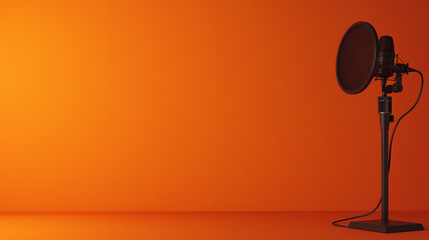 Black silhouette of a podcast studio on a plain background. Red-orange background